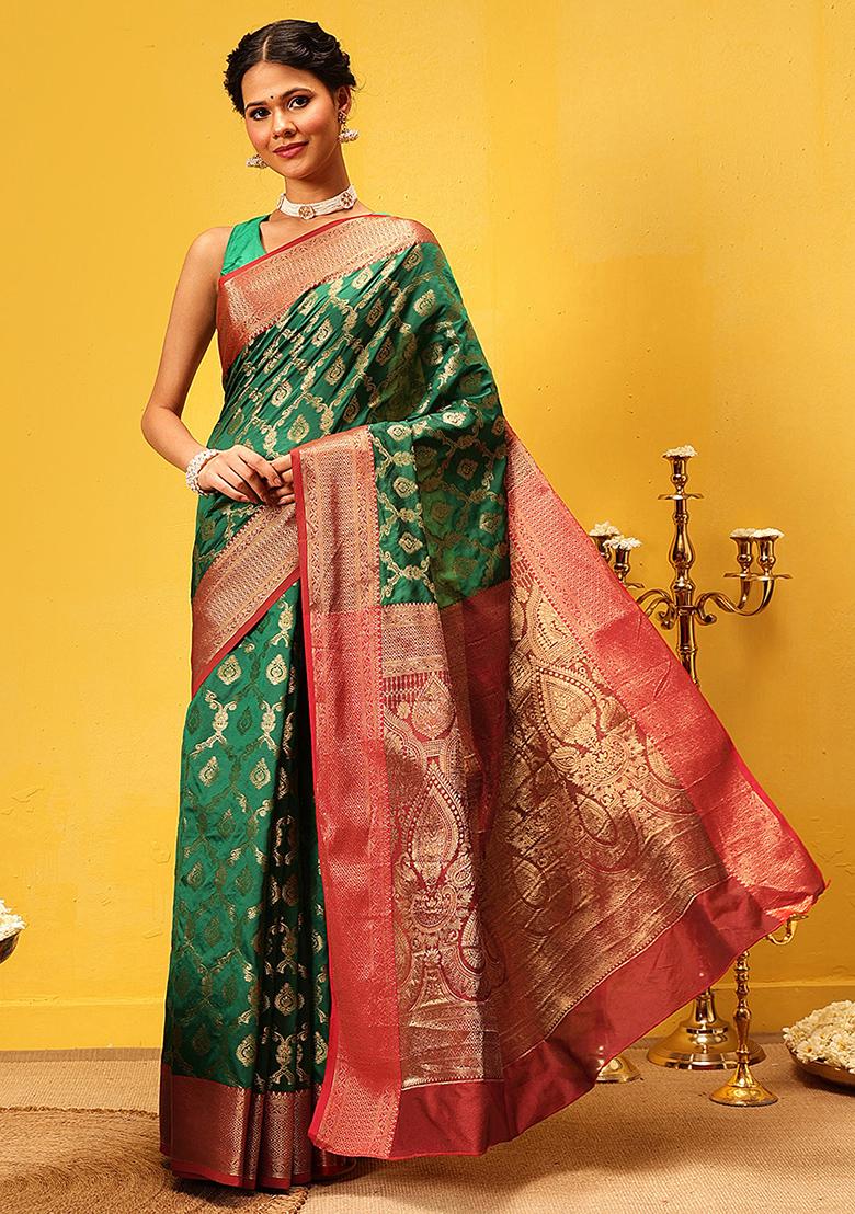 Green Embroidered Soft Silk Saree Set