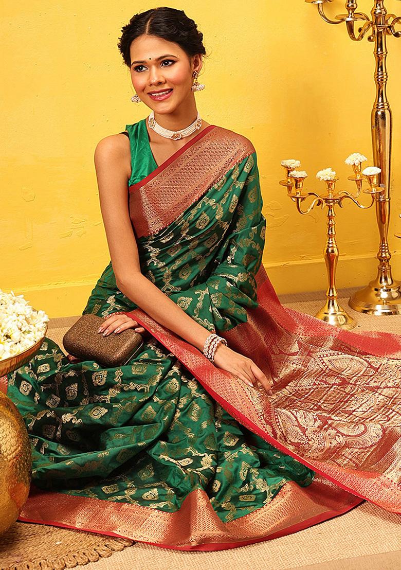 Green Embroidered Soft Silk Saree Set