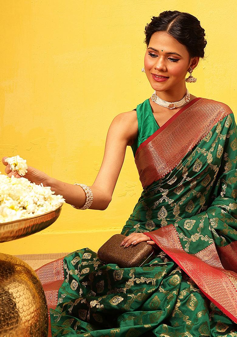 Green Embroidered Soft Silk Saree Set