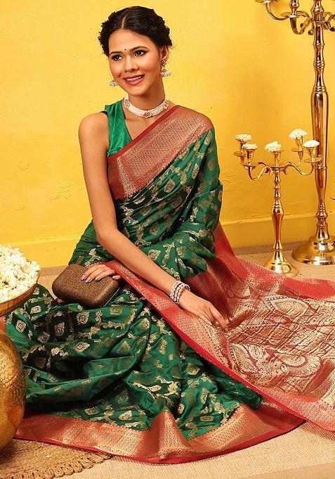 Green Embroidered Soft Silk Saree Set