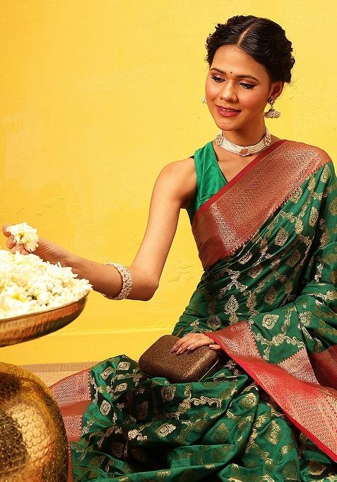 Green Embroidered Soft Silk Saree Set