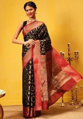 Black Embroidered Soft Silk Saree Set