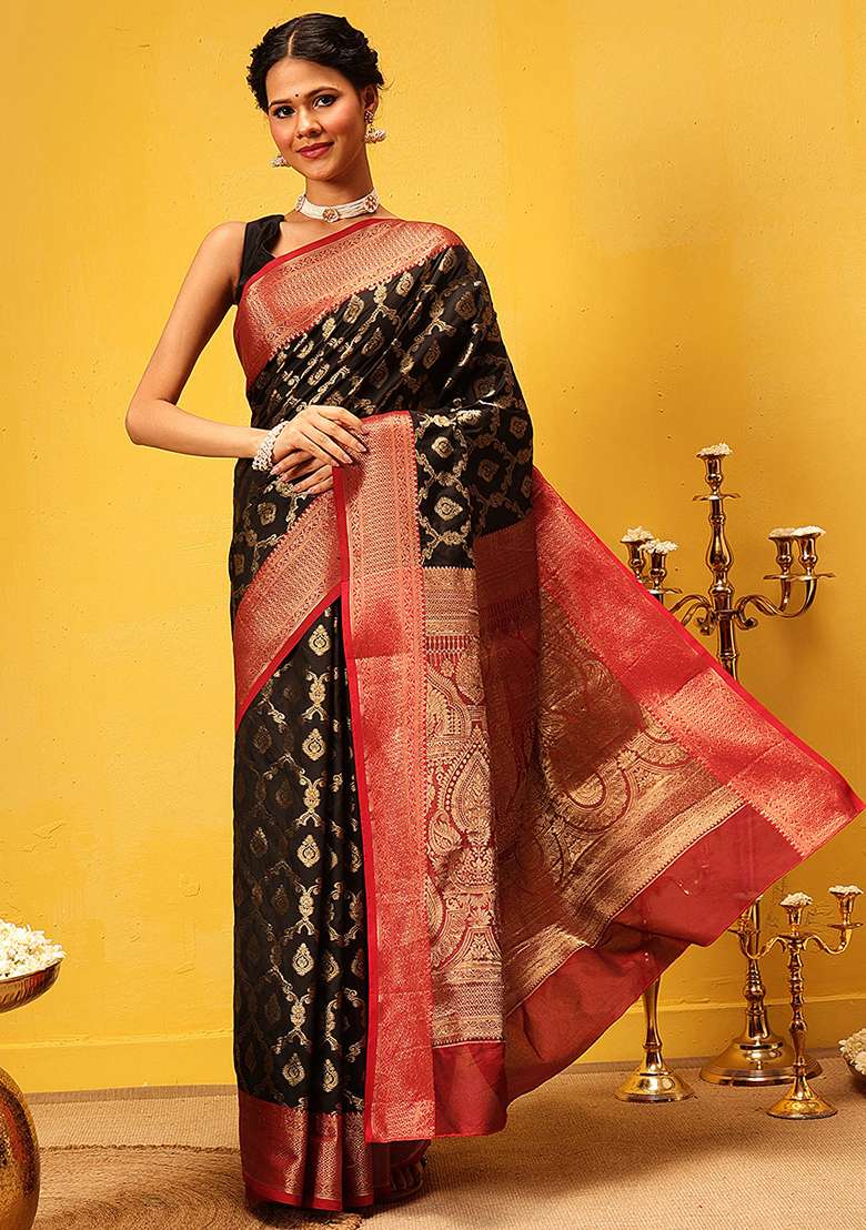 Black Embroidered Soft Silk Saree Set - Indya