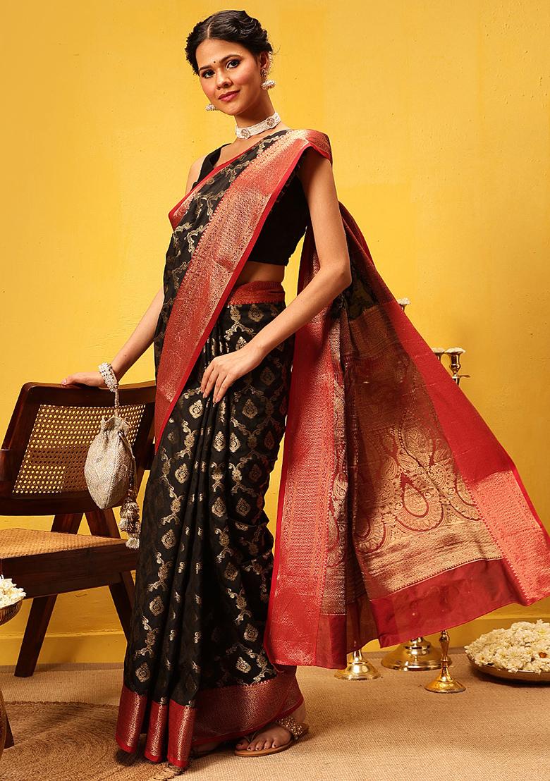 Black Embroidered Soft Silk Saree Set
