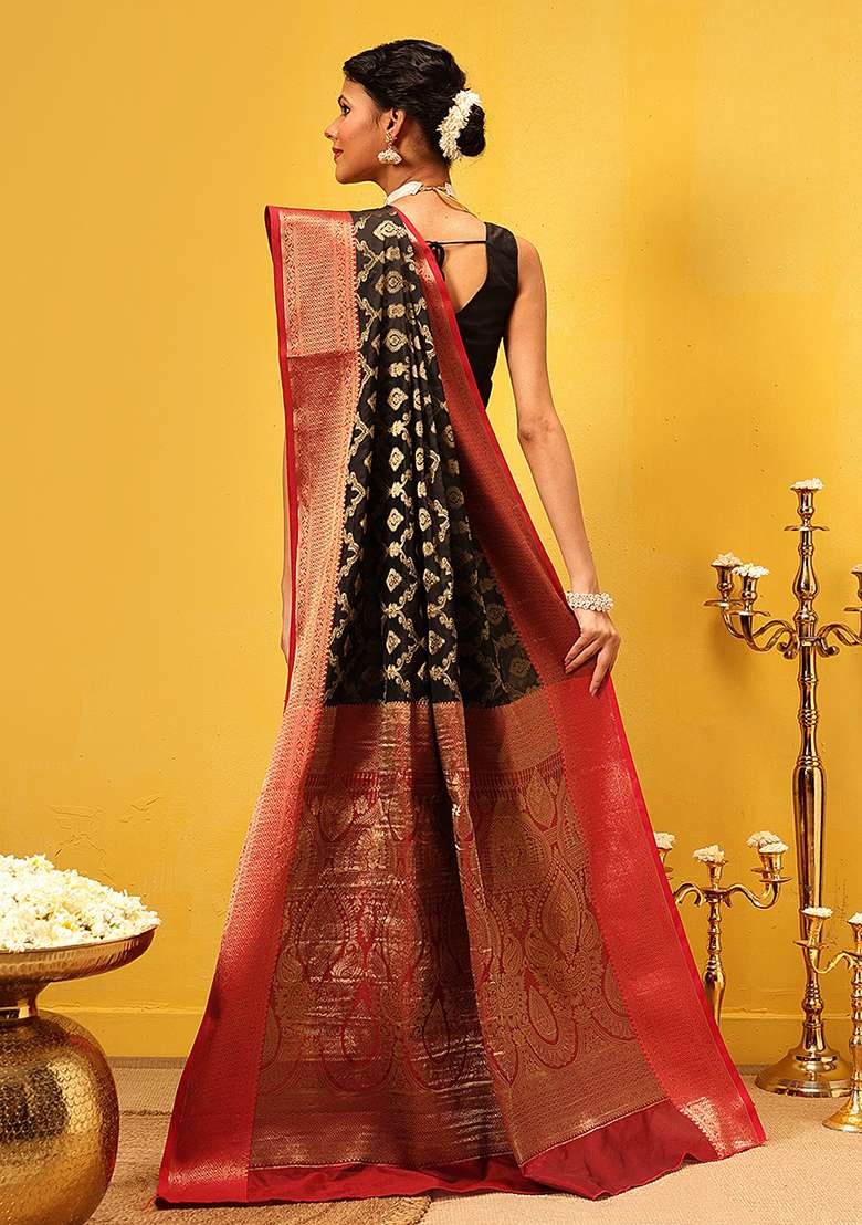 Black Embroidered Soft Silk Saree Set - Indya