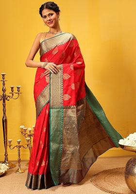 Red Embroidered Soft Silk Saree Set