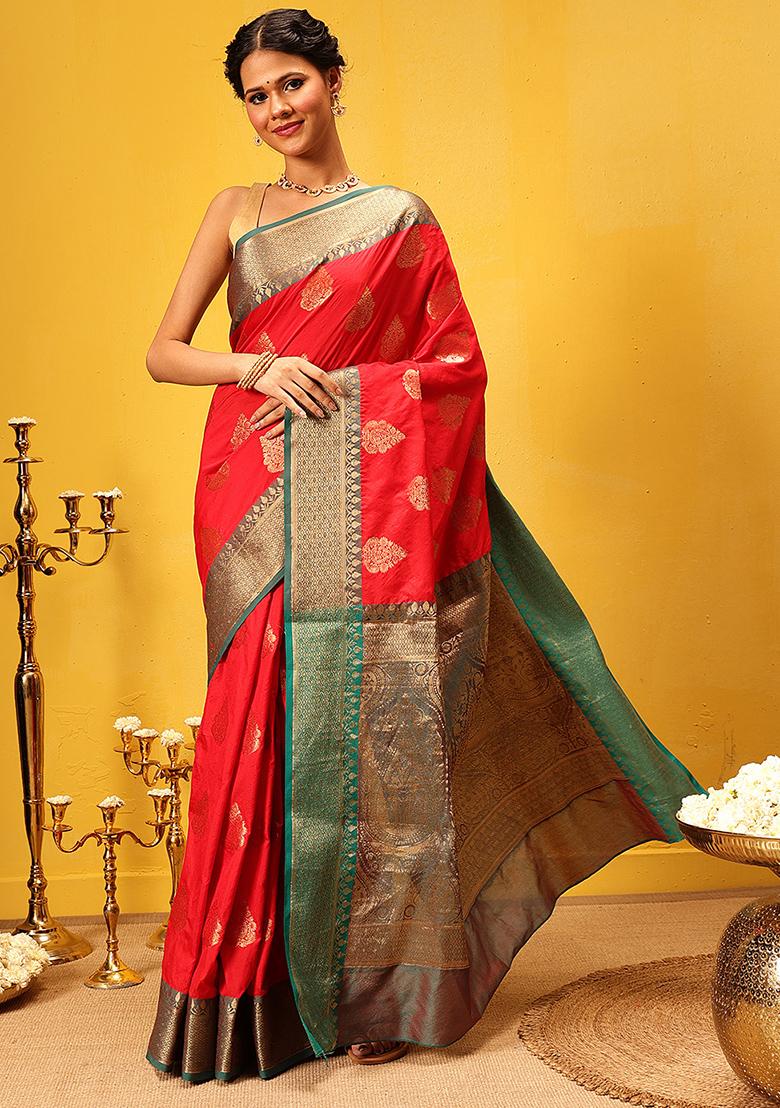 Red Embroidered Soft Silk Saree Set
