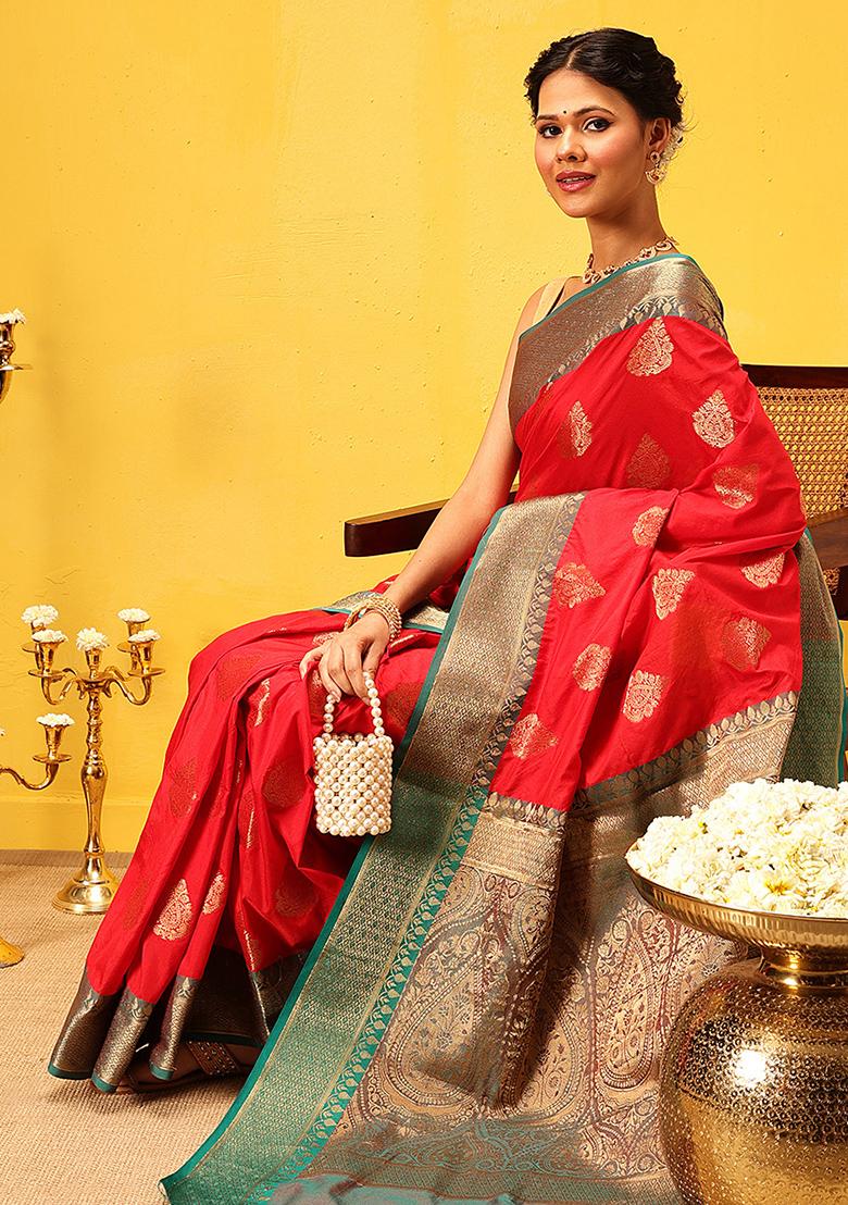 Red Embroidered Soft Silk Saree Set