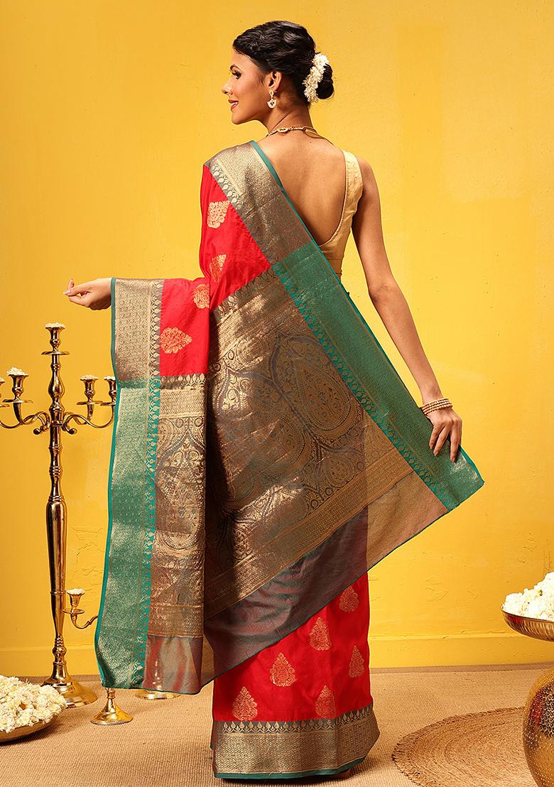 Red Embroidered Soft Silk Saree Set