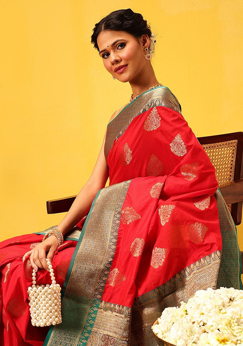 Red Embroidered Soft Silk Saree Set