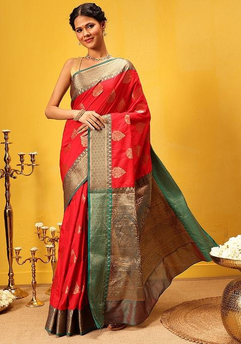 Red Embroidered Soft Silk Saree Set