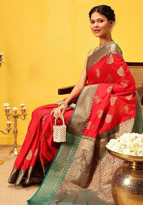 Red Embroidered Soft Silk Saree Set