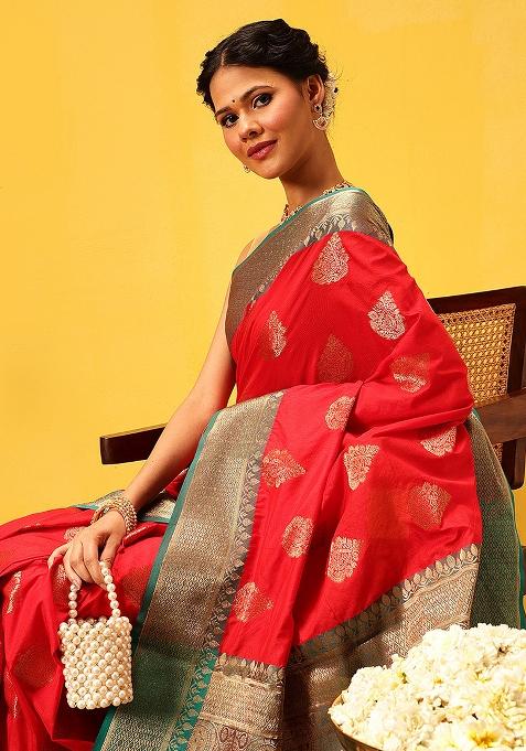 Red Embroidered Soft Silk Saree Set