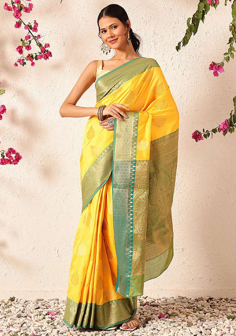 Yellow Embroidered Soft Silk Saree Set - Indya