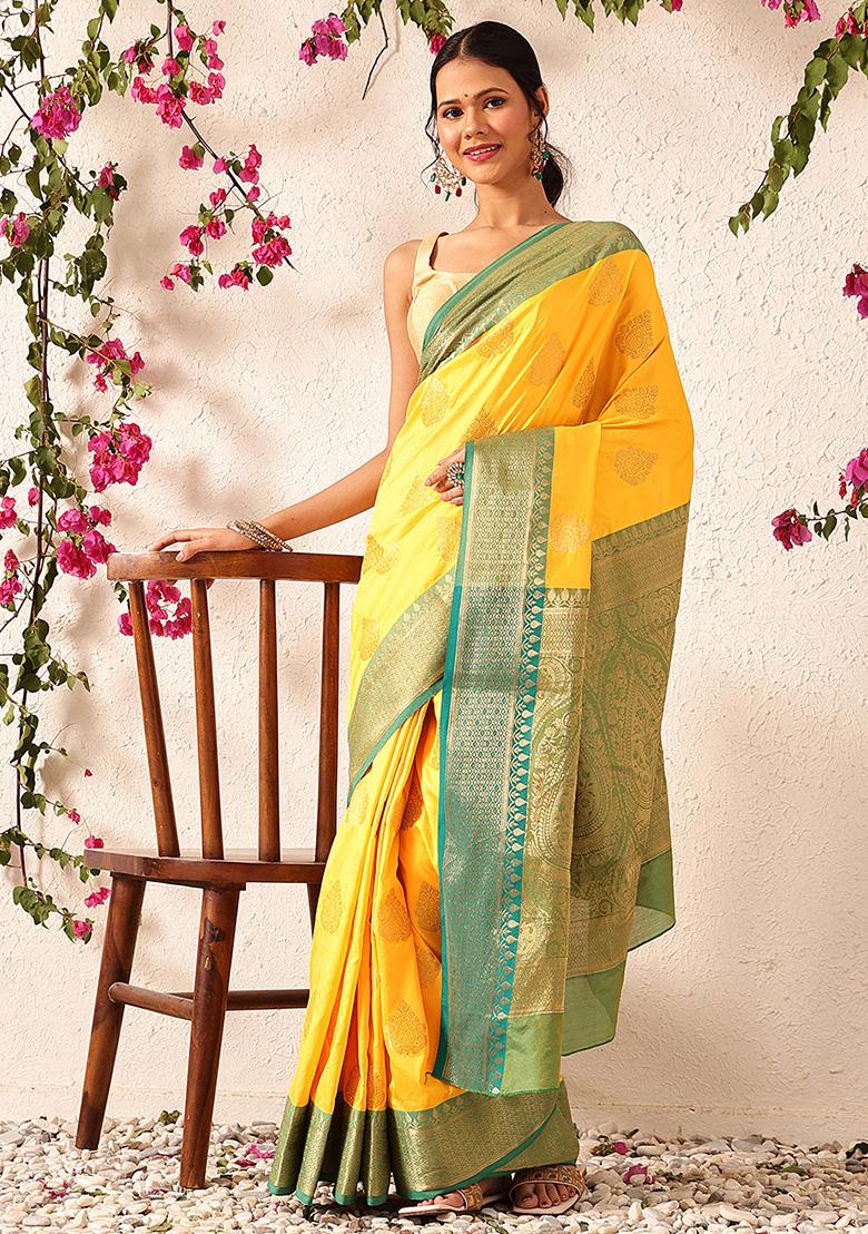 Yellow Embroidered Soft Silk Saree Set