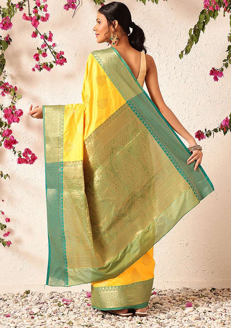 Yellow Embroidered Soft Silk Saree Set - Indya