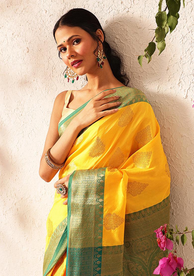 Yellow Embroidered Soft Silk Saree Set