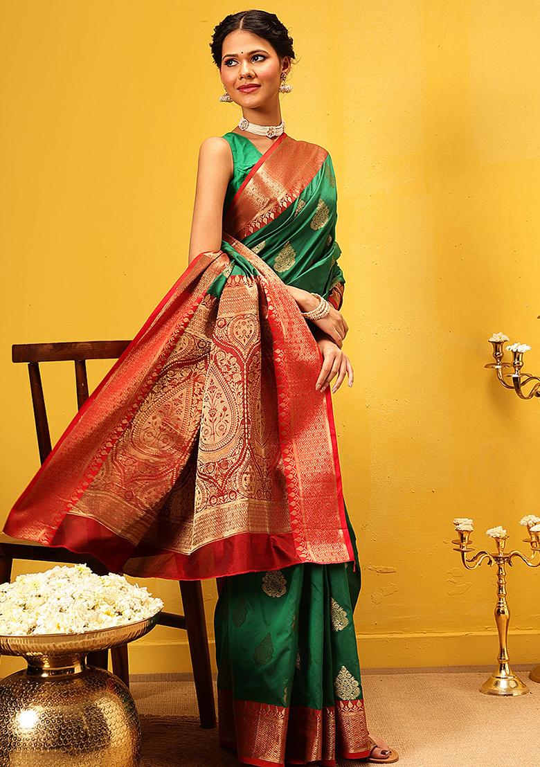 Green Embroidered Soft Silk Saree Set