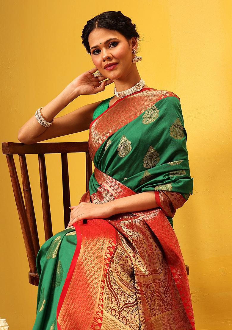 Green Embroidered Soft Silk Saree Set