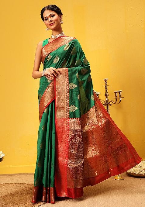 Green Embroidered Soft Silk Saree Set