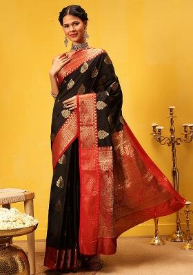 Black Embroidered Soft Silk Saree Set