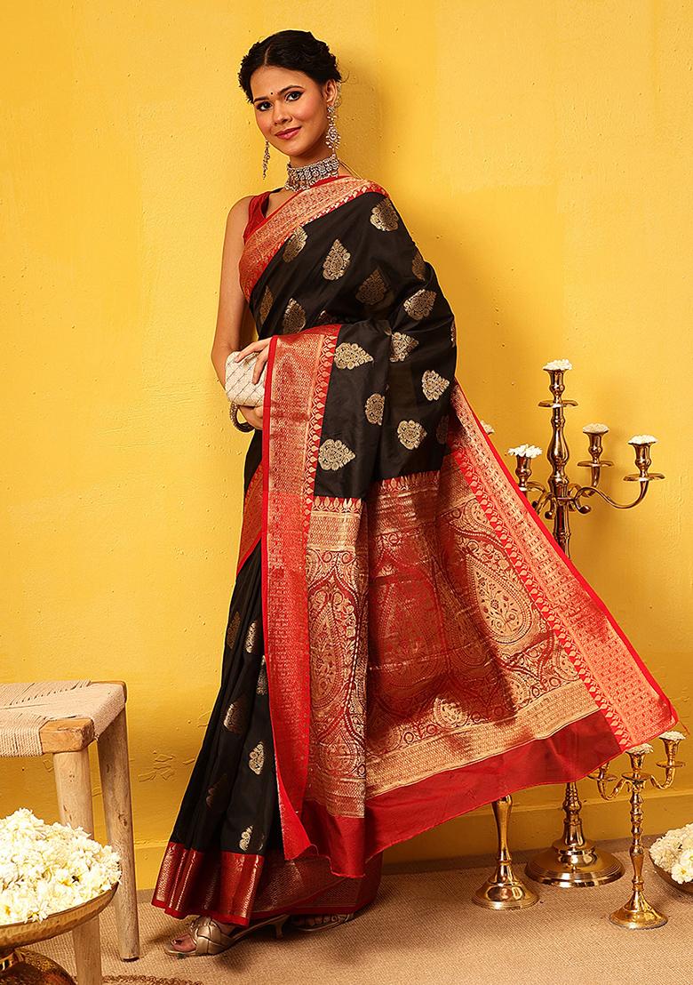 Black Embroidered Soft Silk Saree Set
