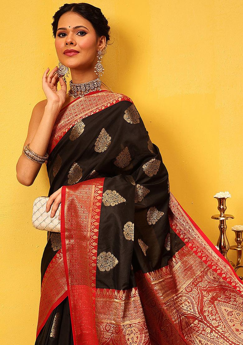 Black Embroidered Soft Silk Saree Set