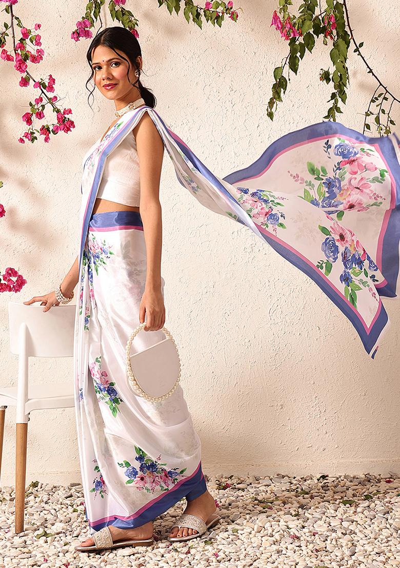 White Embroidered Satin Pre Stitched Saree