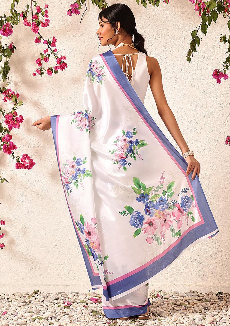 White Embroidered Satin Pre Stitched Saree