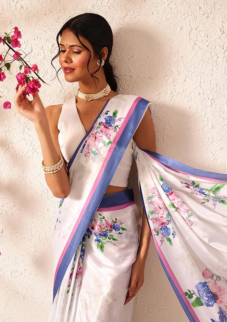 White Embroidered Satin Pre Stitched Saree