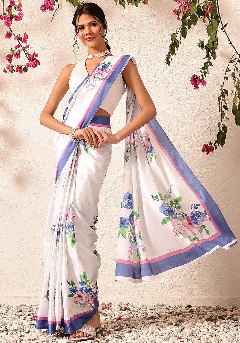 White Embroidered Satin Pre Stitched Saree