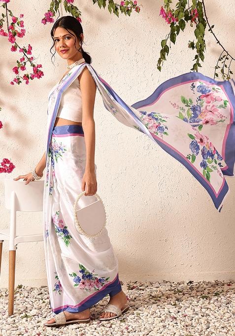 White Embroidered Satin Pre Stitched Saree