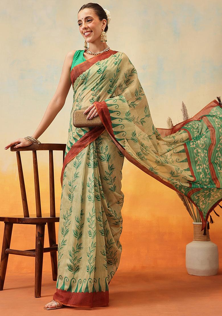 Beige Embroidered Cotton Blend Pre Stitched Saree