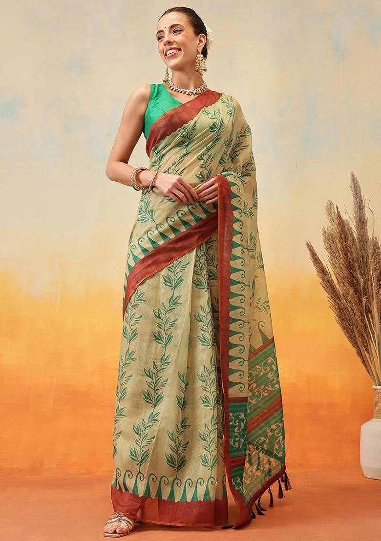 Beige Embroidered Cotton Blend Pre Stitched Saree
