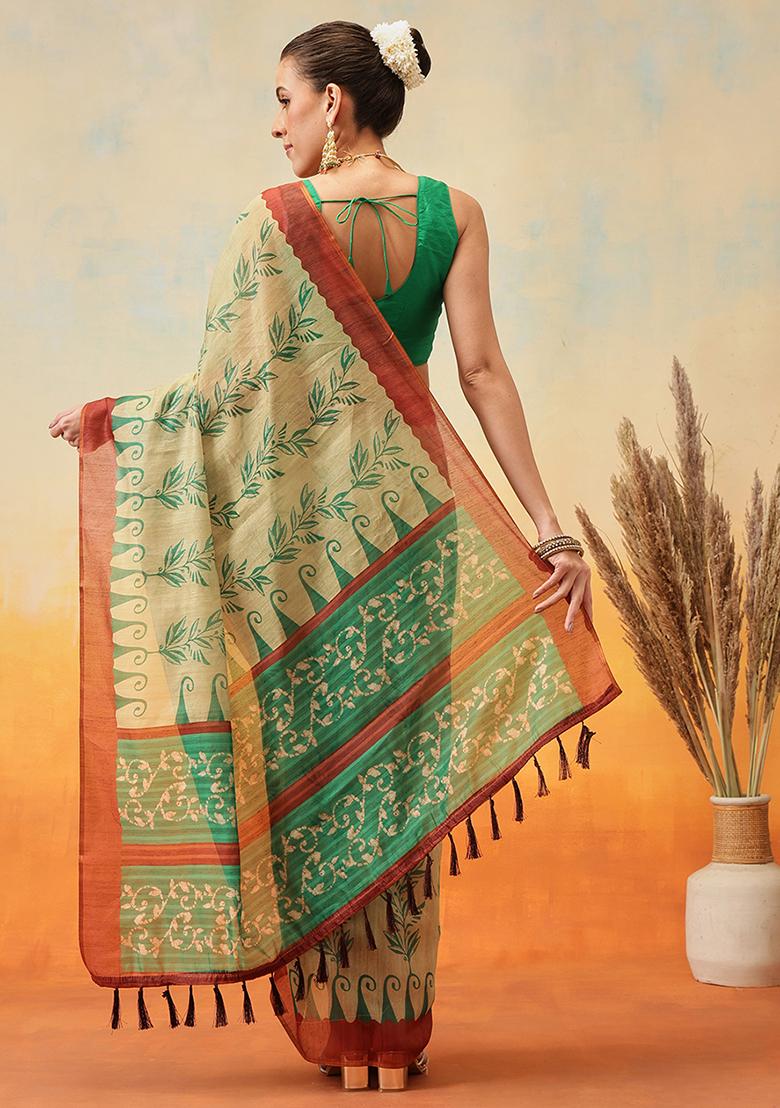 Beige Embroidered Cotton Blend Pre Stitched Saree