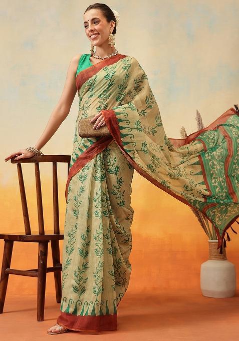 Beige Embroidered Cotton Blend Pre Stitched Saree
