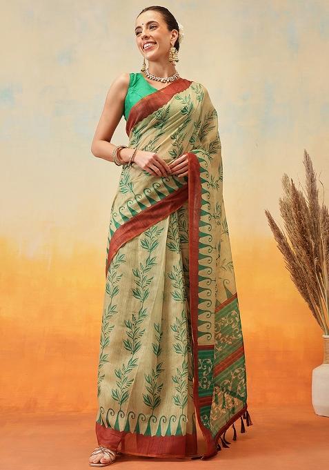 Beige Embroidered Cotton Blend Pre Stitched Saree