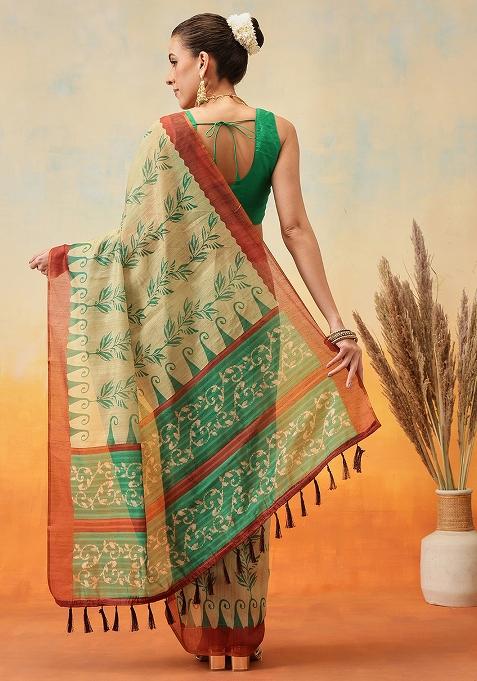 Beige Embroidered Cotton Blend Pre Stitched Saree