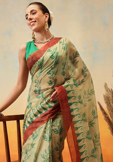 Beige Embroidered Cotton Blend Pre Stitched Saree