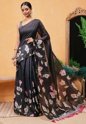 Black Embroidered Cotton Blend Pre Stitched Saree