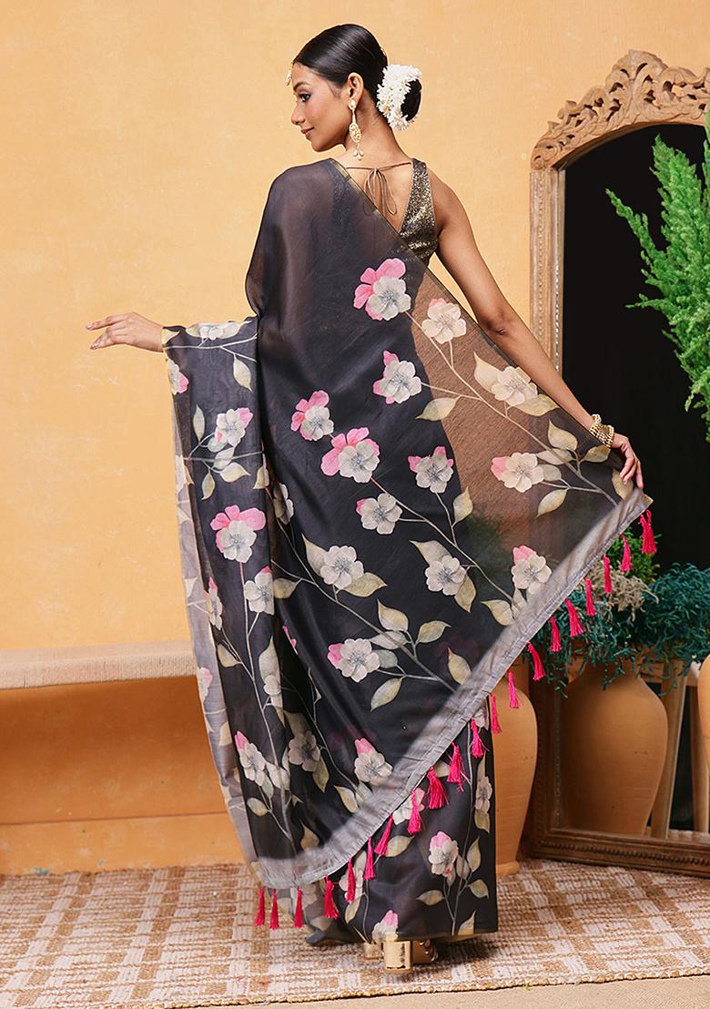 Black Embroidered Cotton Blend Pre Stitched Saree