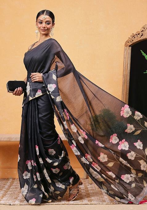 Black Embroidered Cotton Blend Pre Stitched Saree