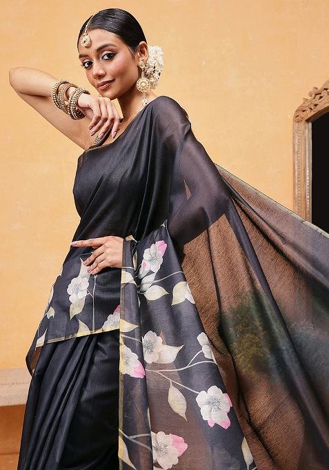 Black Embroidered Cotton Blend Pre Stitched Saree