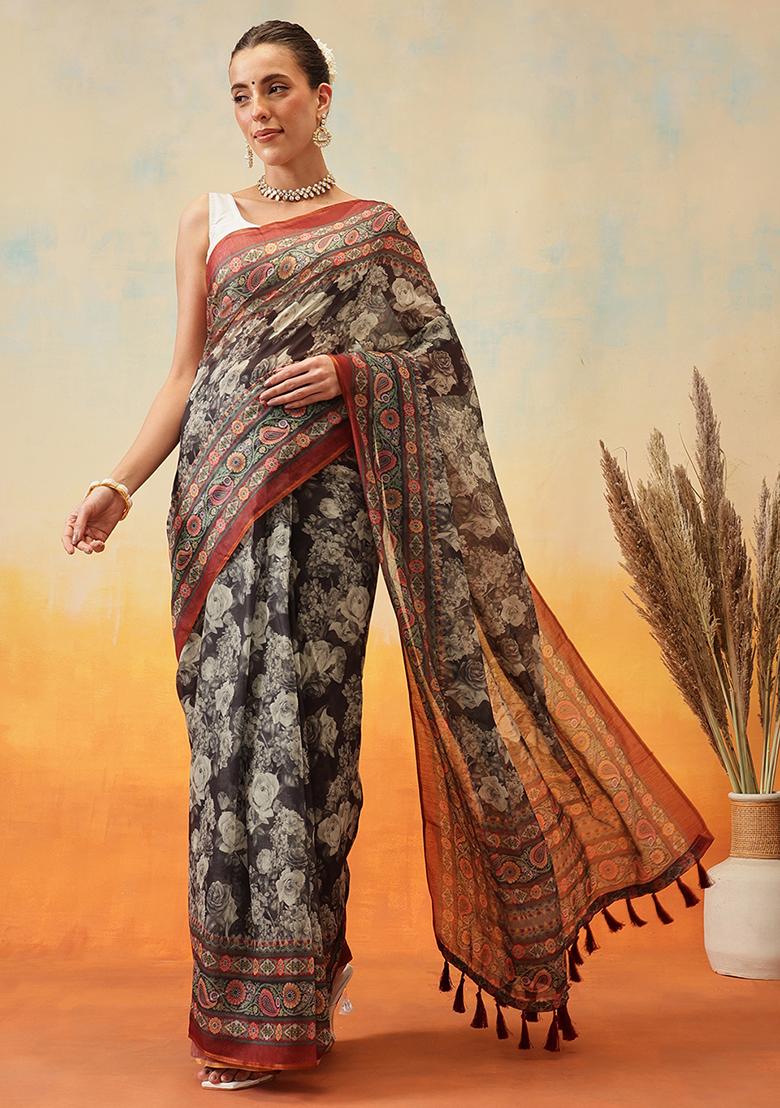 Brown Embroidered Cotton Blend Pre Stitched Saree