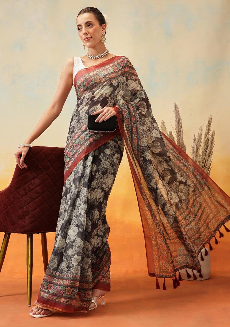 Brown Embroidered Cotton Blend Pre Stitched Saree