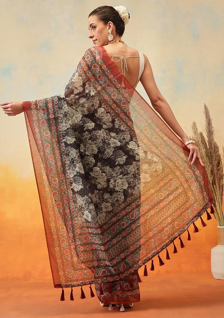 Brown Embroidered Cotton Blend Pre Stitched Saree