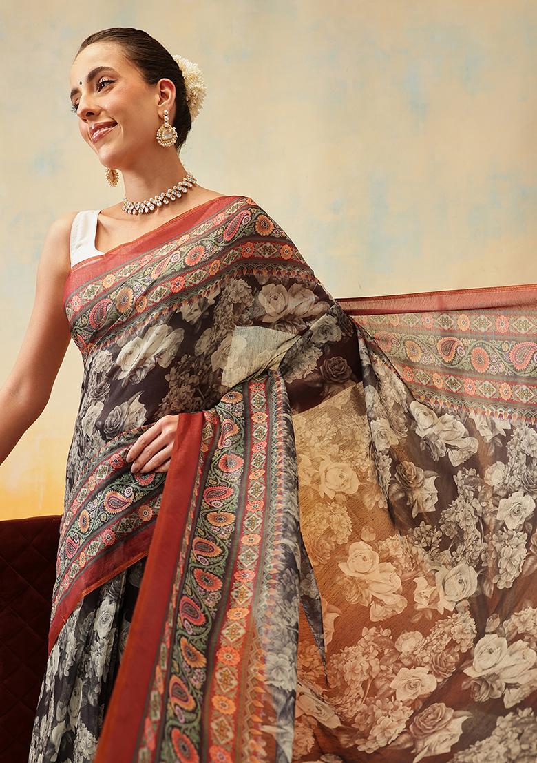 Brown Embroidered Cotton Blend Pre Stitched Saree