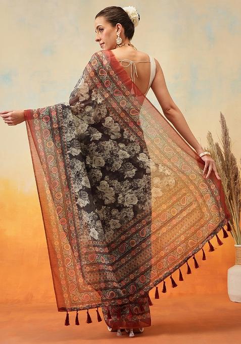 Brown Embroidered Cotton Blend Pre Stitched Saree