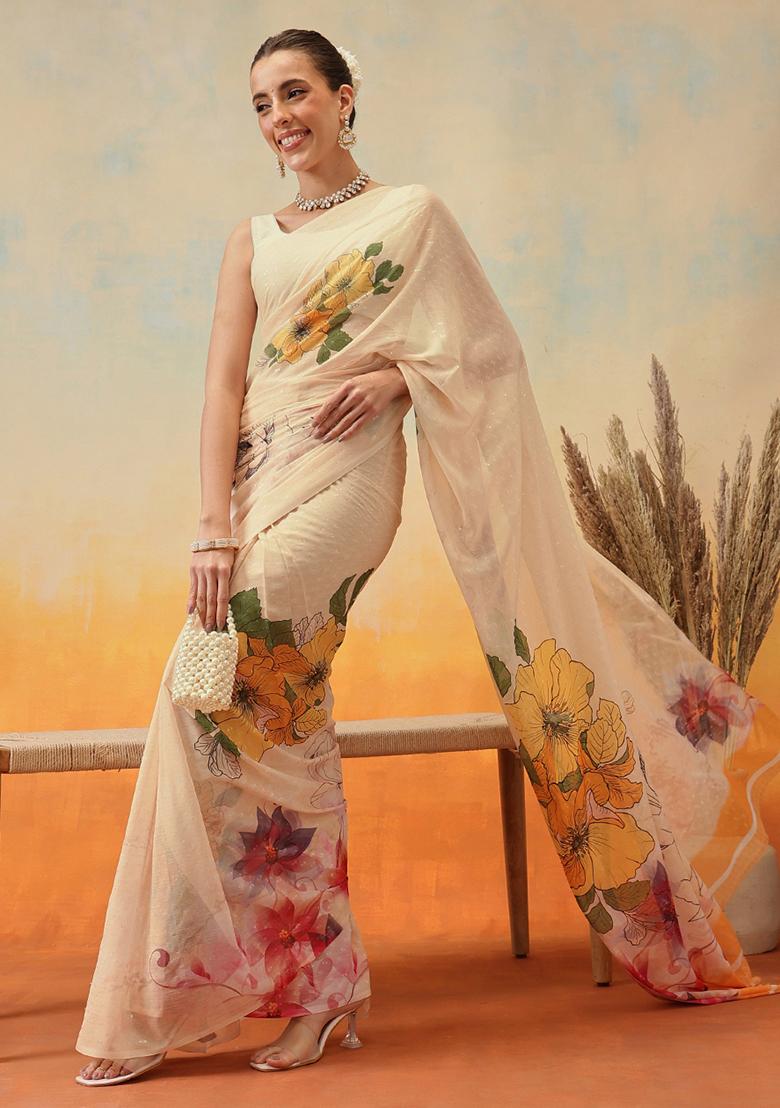 Cream Embroidered Chiffon Pre Stitched Saree