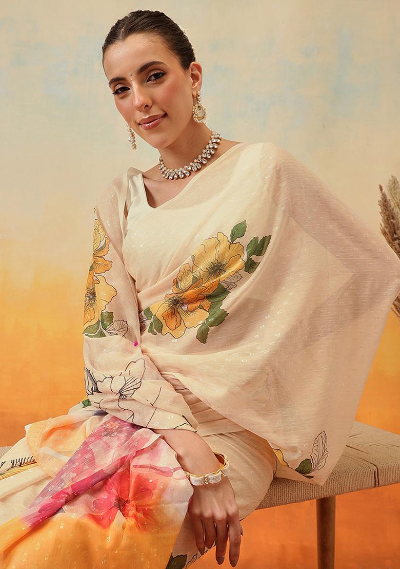 Cream Embroidered Chiffon Pre Stitched Saree